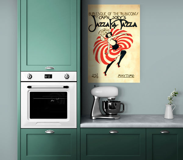 A large matte poster of a cover of "Jazza Ka Jazza" - a 1922 Jazz magazine. Features a stylized burlesque dancer with a vivid, red skirt. The dancer is in motion, twirling her skirt. Hung in a modern kitchen with a marble countertop.