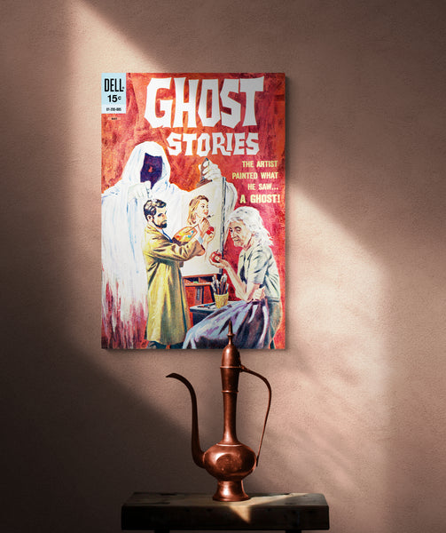 A large matte paper poster of the cover of the 1963 comic book "Ghost Stories #4", partially obscured in shadow, hung on a beige wall above a Turkish copper Ewer