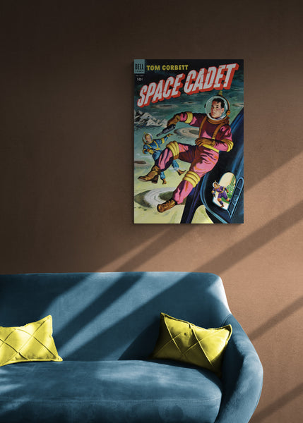 A large matte paper poster of the cover of the 1954 comic book "Space Cadet #9", partially obscured by shadow, above a sofa with lime green pillows