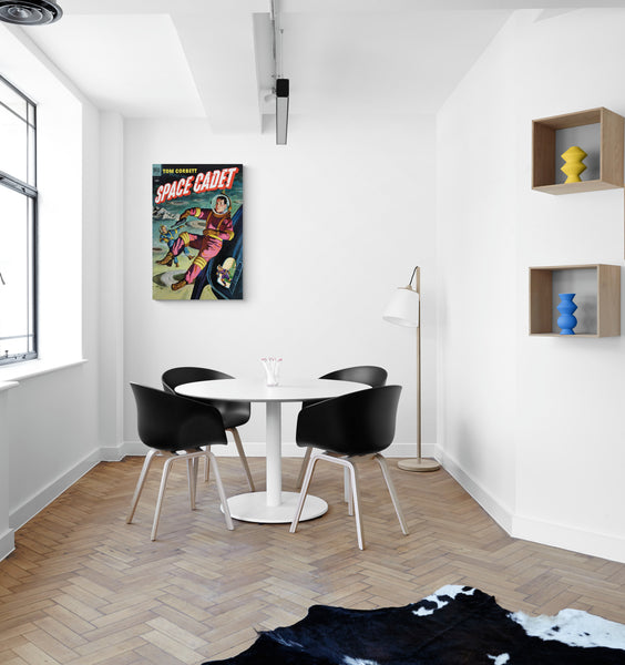 A large matte paper poster of the cover of the 1954 comic book "Space Cadet #9" hung in the den of a small apartment with a parquet floor and a cowhide rug