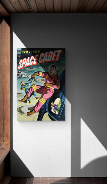 A large matte paper poster of the cover of the 1954 comic book "Space Cadet #9", partially obscured by shadow, hung next to a window in an old hallway with a wooden ceiling