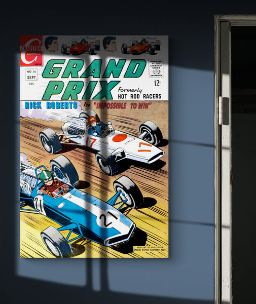 A large matte paper poster of the cover of the 1967 comic book "Grand Prix #16" hung in a living room on a slate blue wall, obscured partially by shadow