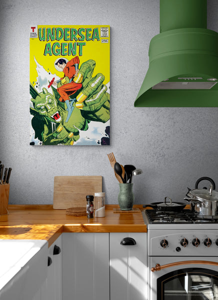 A large matte paper poster of the cover of the 1966 comic book "Undersea Agent #4" hung on the wall above a retro kitchen countertop