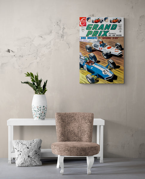 A large matte paper poster of the cover of the 1967 comic book "Grand Prix #16" hung on an aged plaster wall in an art studio