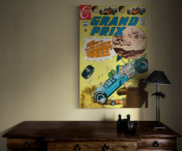 A large matte paper poster of the cover of the 1969 comic book "Grand Prix #27" hung above an old wooden workdesk in dim lighting