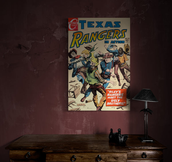 A large matte paper poster of the cover of the 1954 comic book "Texas Rangers #63" hung on an aged plaster wall in a dimly-lit den, above an old wooden workdesk