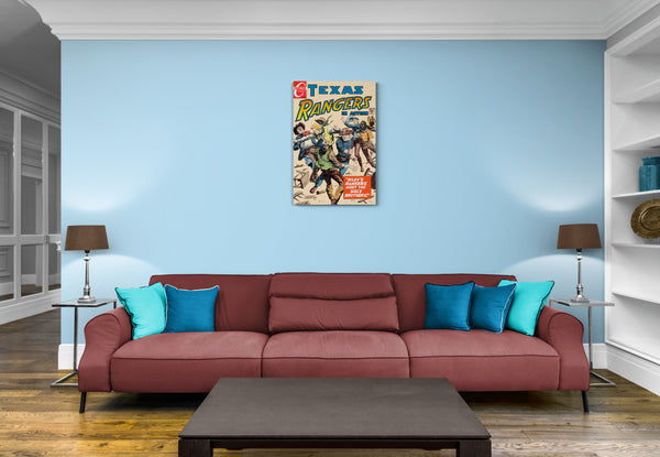 A large matte paper poster of the cover of the 1954 comic book "Texas Rangers #63" in a spacious, modern living room with a wooden floor and large sofa