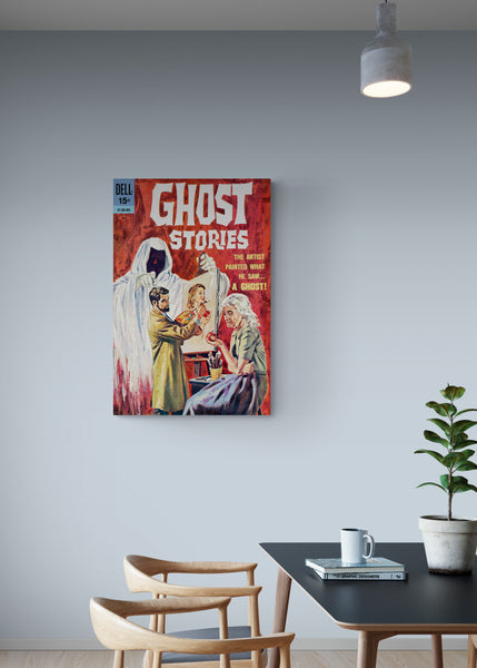 A large matte paper poster of the cover of the 1963 comic book "Ghost Stories #4" in the breakroom of a modern office containing a table and some chairs
