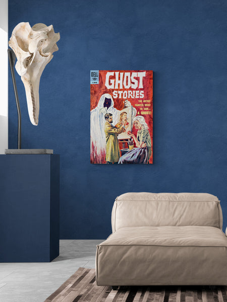 A large matte paper poster of the cover of the 1963 comic book "Ghost Stories #4" hung on a midnight blue wall next to a plinth displaying the skull of a large sea creature