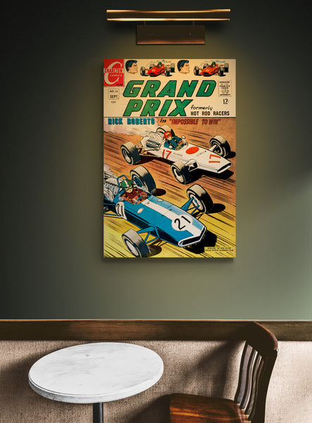 A large matte paper poster of the cover of the 1967 comic book "Grand Prix #16" in a quiet cafe hung on a green wall above a small marble table and wooden chair