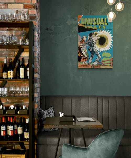 A large matte paper poster of the cover of the 1958 comic book "Unusual Tales #12" in the back of an old pub next to a large bookcase holding various bottles of wine
