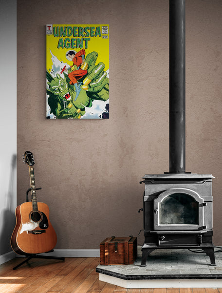 A large matte paper poster of the cover of the 1966 comic book "Undersea Agent #4" hung in a living room containing a guitar and an old detached fireplace