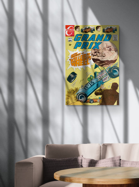 A large matte paper poster of the cover of the 1969 comic book "Grand Prix #27", obscured partially by shadow, hung on a marble wall in a chic living room