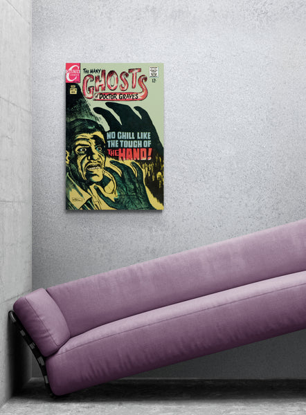 A large matte paper poster of the cover of the 1968 comic book "The Many Ghosts of Doctor Graves" hung on a concrete wall above a purple sofa which is on an angle