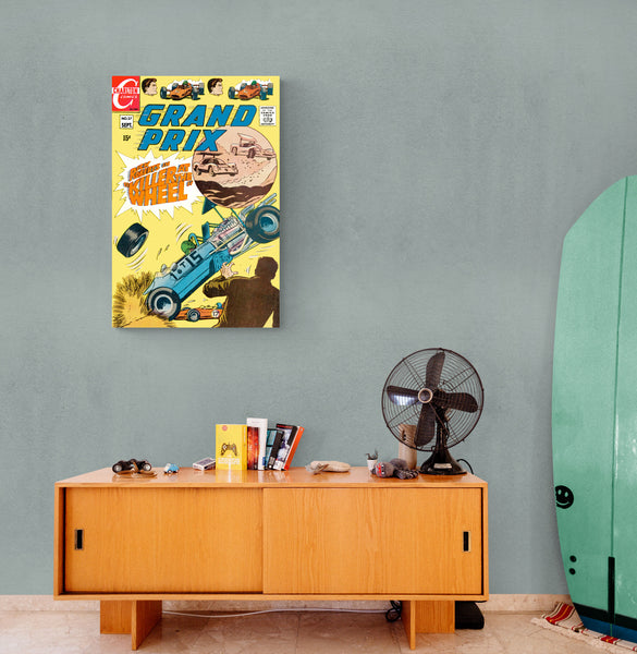 A large matte paper poster of the cover of the 1969 comic book "Grand Prix #27" hung in a child's room containing various toys, books, and a small surfboard