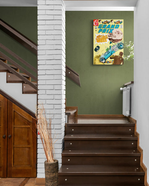 A large matte paper poster of the cover of the 1969 comic book "Grand Prix #27" hung by a stairway in a cozy, old home