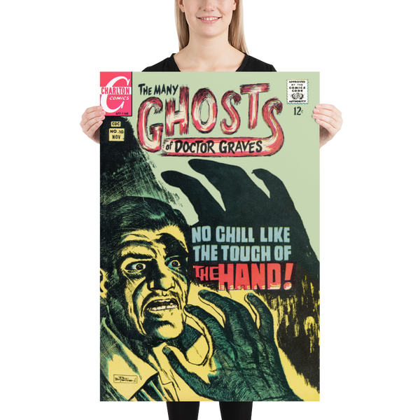 A large matte paper poster of the cover of the 1968 comic book "The Many Ghosts of Doctor Graves #10" being held up by a young woman