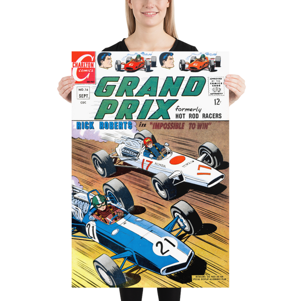 A large matte paper poster of the cover of the 1967 comic book "Grand Prix #16" being held up by a young woman