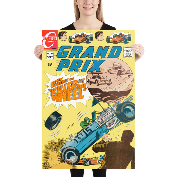 A large matte paper poster of the cover of the 1969 comic book "Grand Prix #27" being held up by a young woman