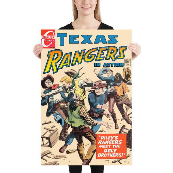A large matte paper poster of the cover of the 1954 comic book "Texas Rangers #63" being held up by a young woman