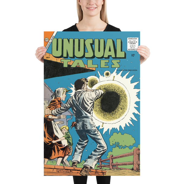 A large matte paper poster of the cover of the 1958 comic book "Unusual Tales #12" being held up by a young woman