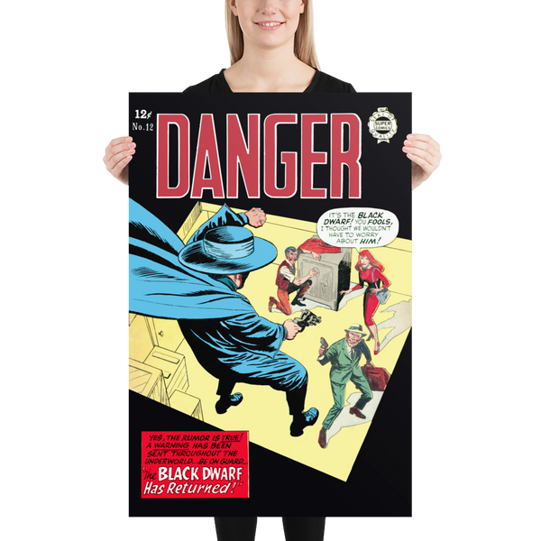 A large matte paper poster of the cover of the 1964 comic book "Danger #12" being held up by a young woman