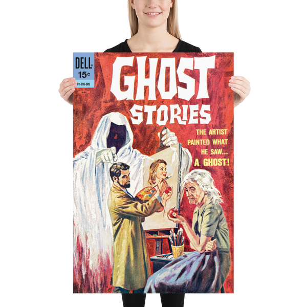 A large matte paper poster of the cover of the 1963 comic book "Ghost Stories #4" being held up by a young woman