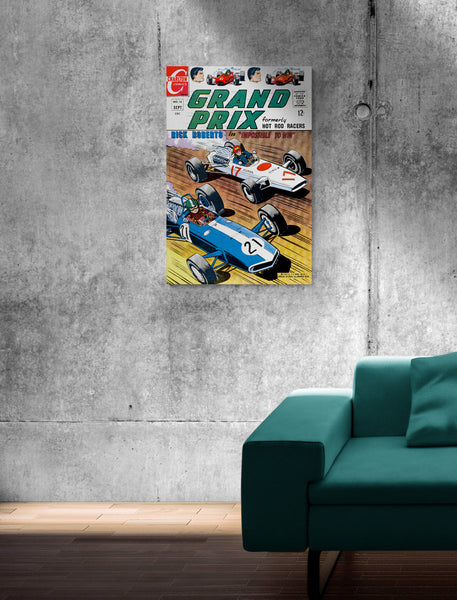 A large matte paper poster of the cover of the 1967 comic book "Grand Prix #16" hung on a concrete wall in a modern studio apartment
